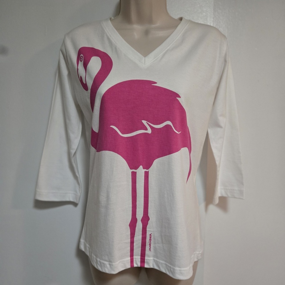 Marushka Size Small White 100% Cotton Pink Flamingo Screen Print T-shirt Tee USA